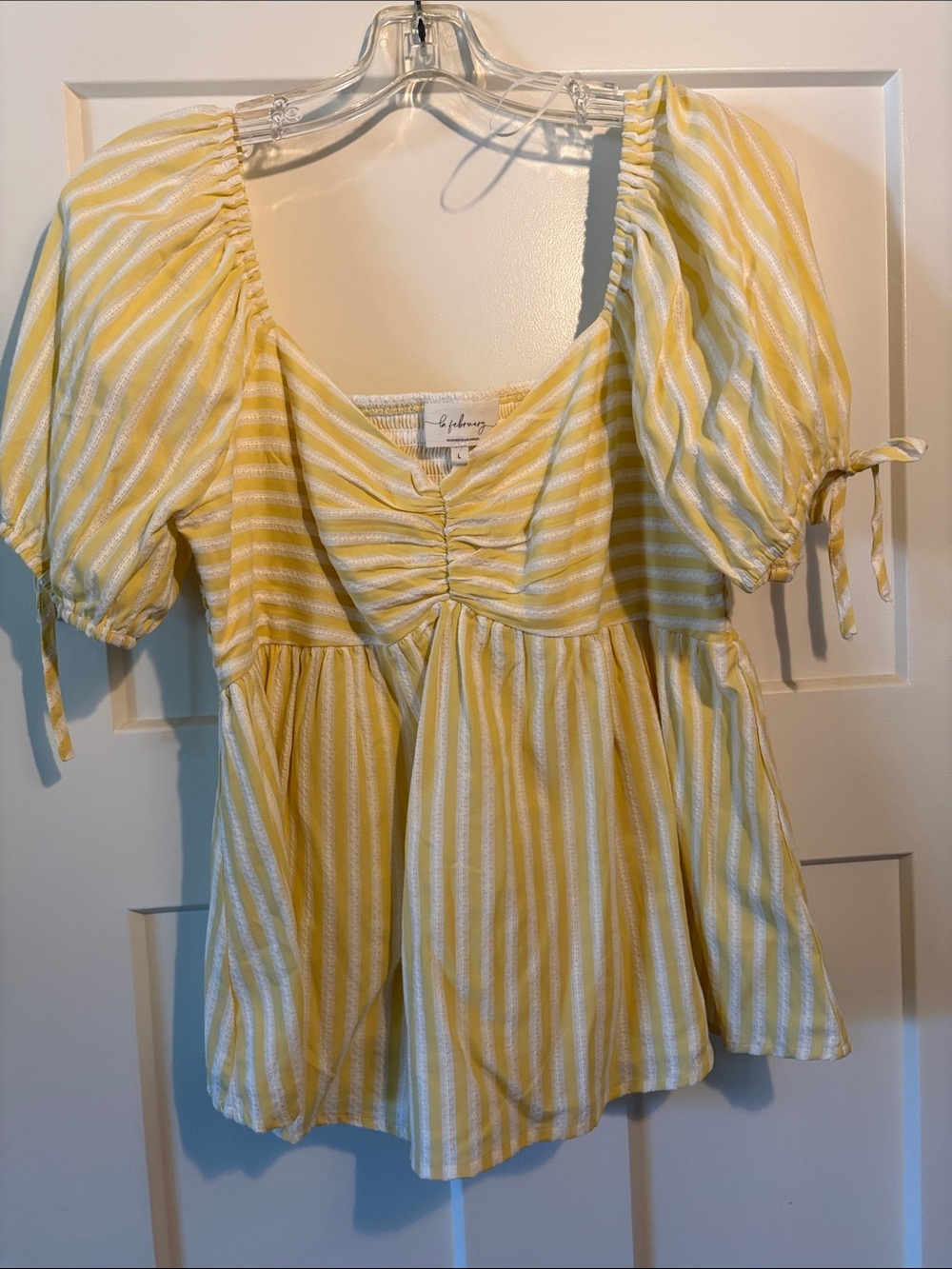 Yellow Striped Puff-Sleeve Peplum Top - Unbranded